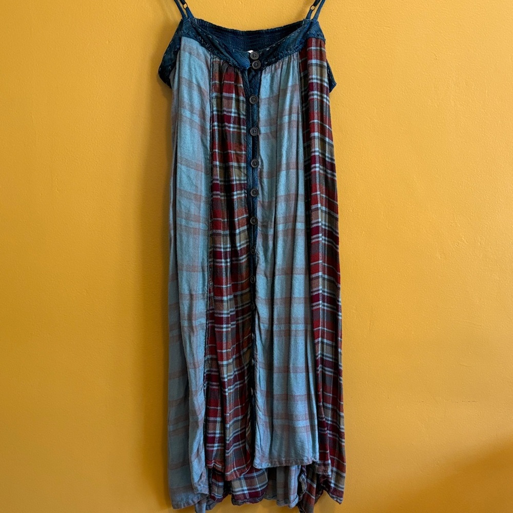 Free People Riley Midi Dress Plaid Blue Red
